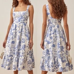 Reformation Bucatani Linen Midi Dress Lucerne Blue White Floral 10